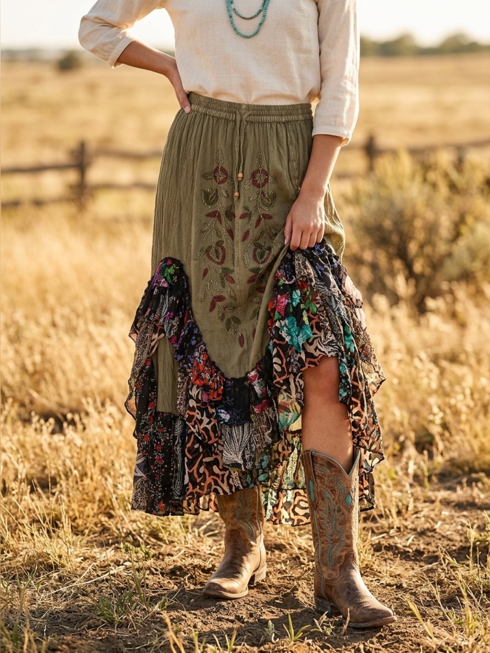 Embroidered Olive Green Boho Tiered Maxi Skirt